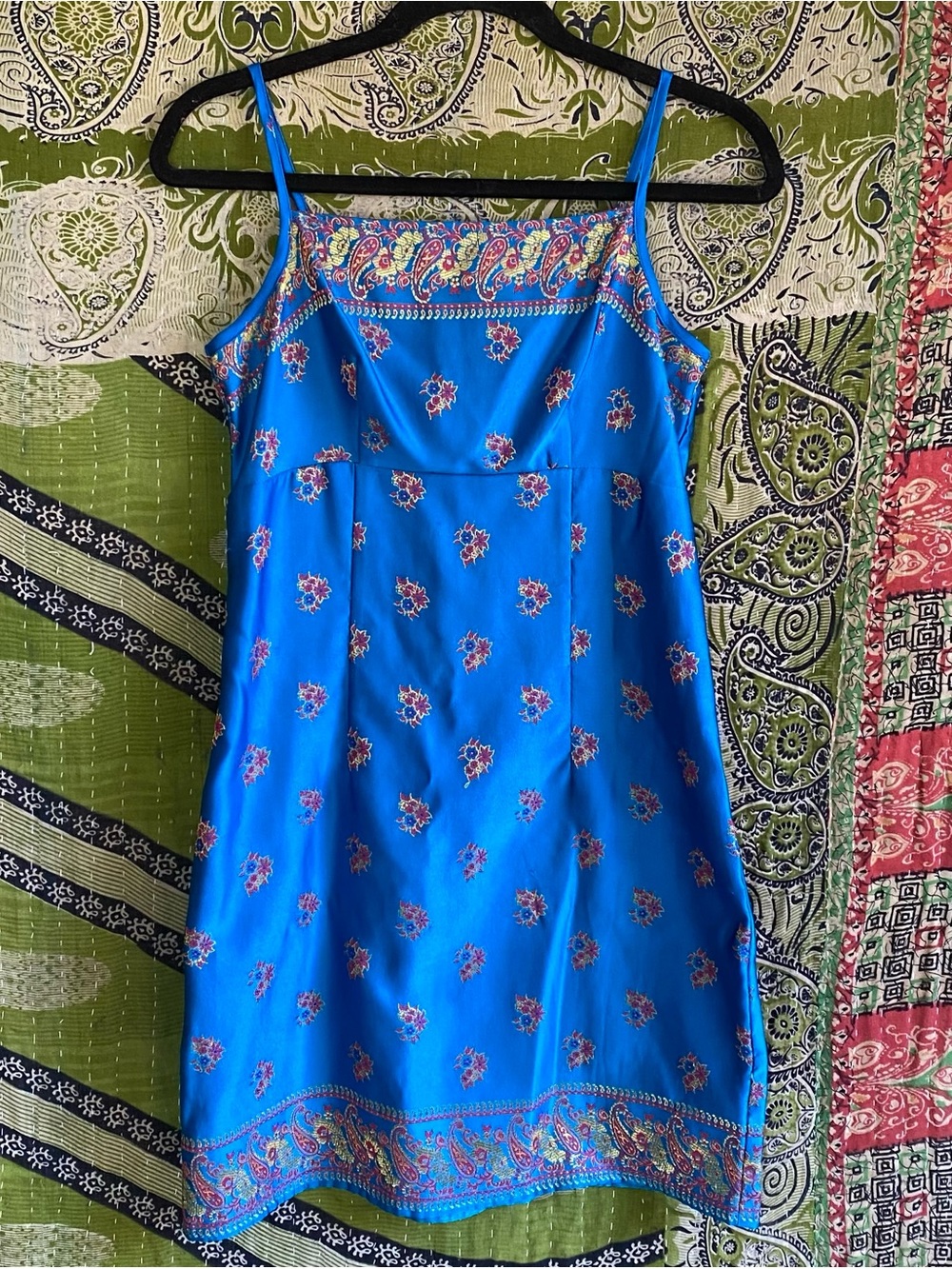Vintage Y2K Mirrors Royal Blue Embroidered Paisley Mini Boho Folk Dress Size 7